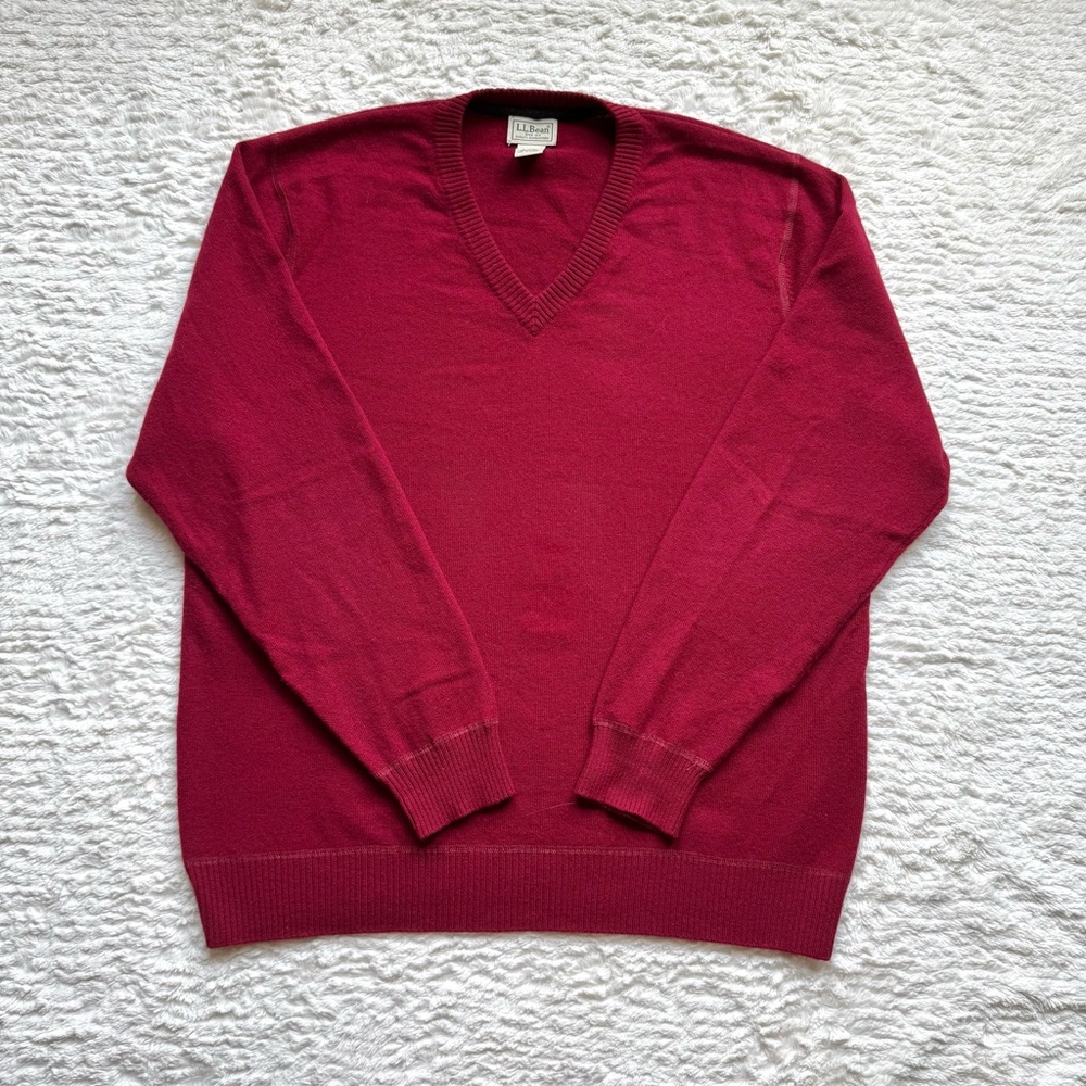 LL Bean 100% Cashmere Sweater Pullover V Neck Large Mens Burgundy Red Preppy